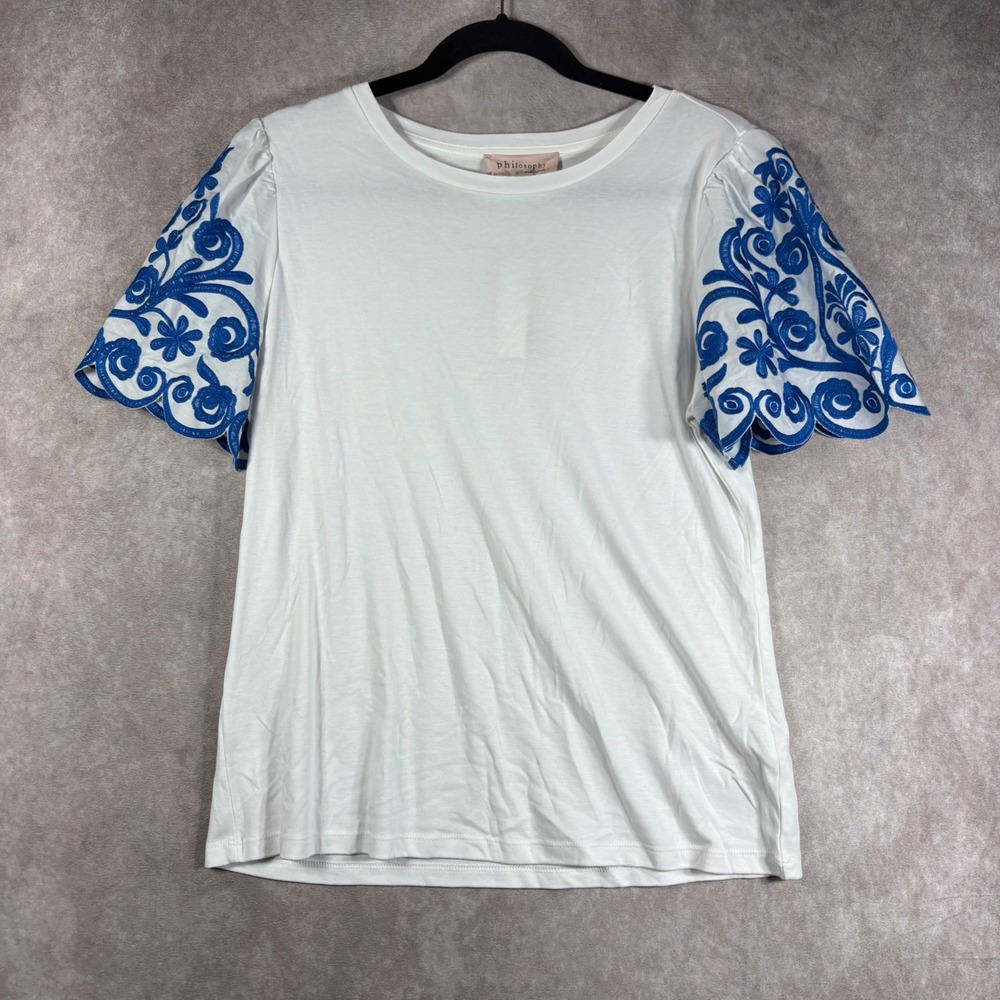 Philosophy Top Womens Large White Victoria Blue Embroidered Scalloped Sleeve NEW